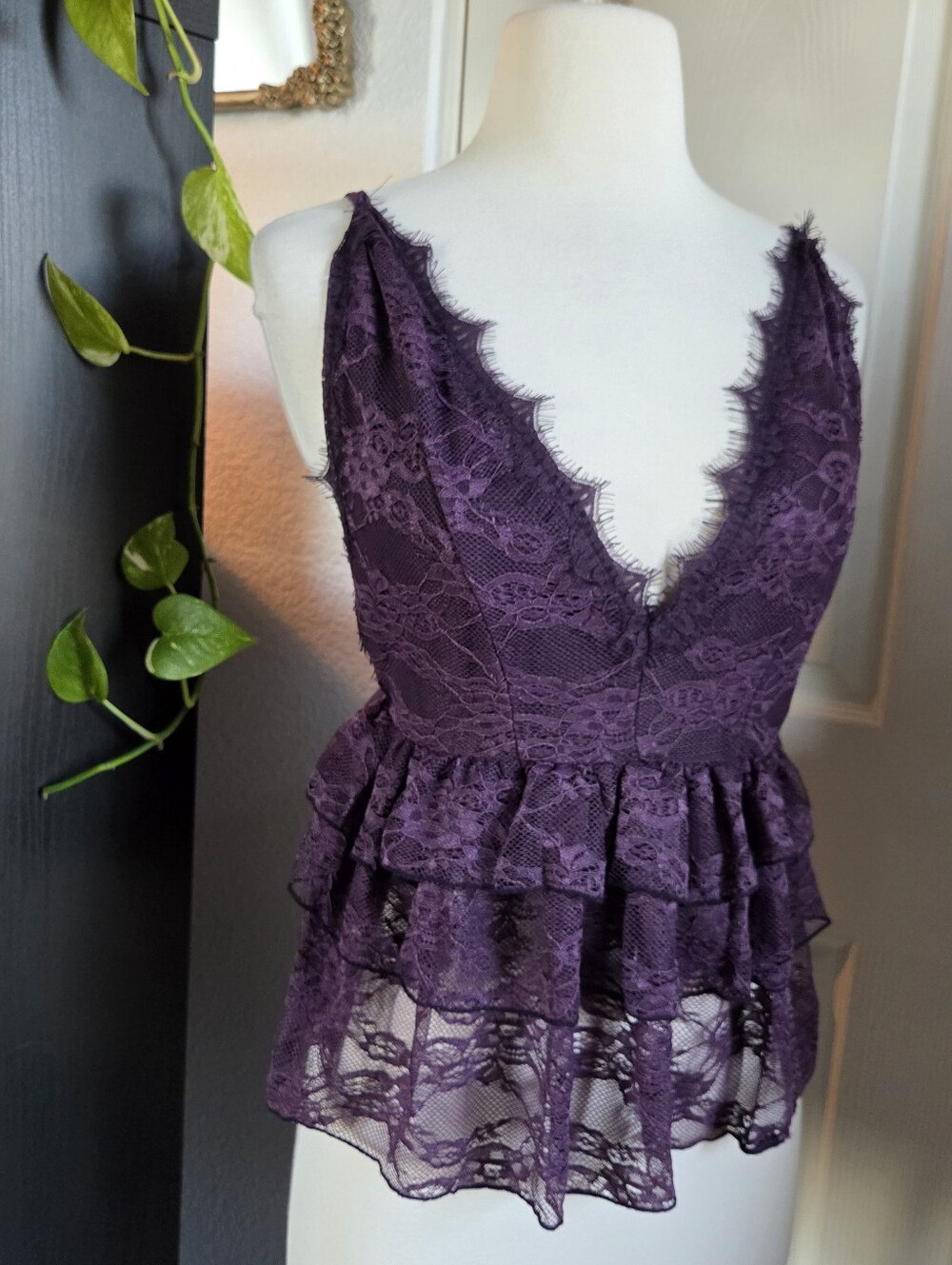 Purple Lace Peplum Ruffle Tank Top